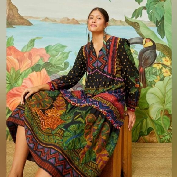 Farm Rio Forest Tapestry Split-Neck Midi Dress Size Small NWT - Picture 5 of 11